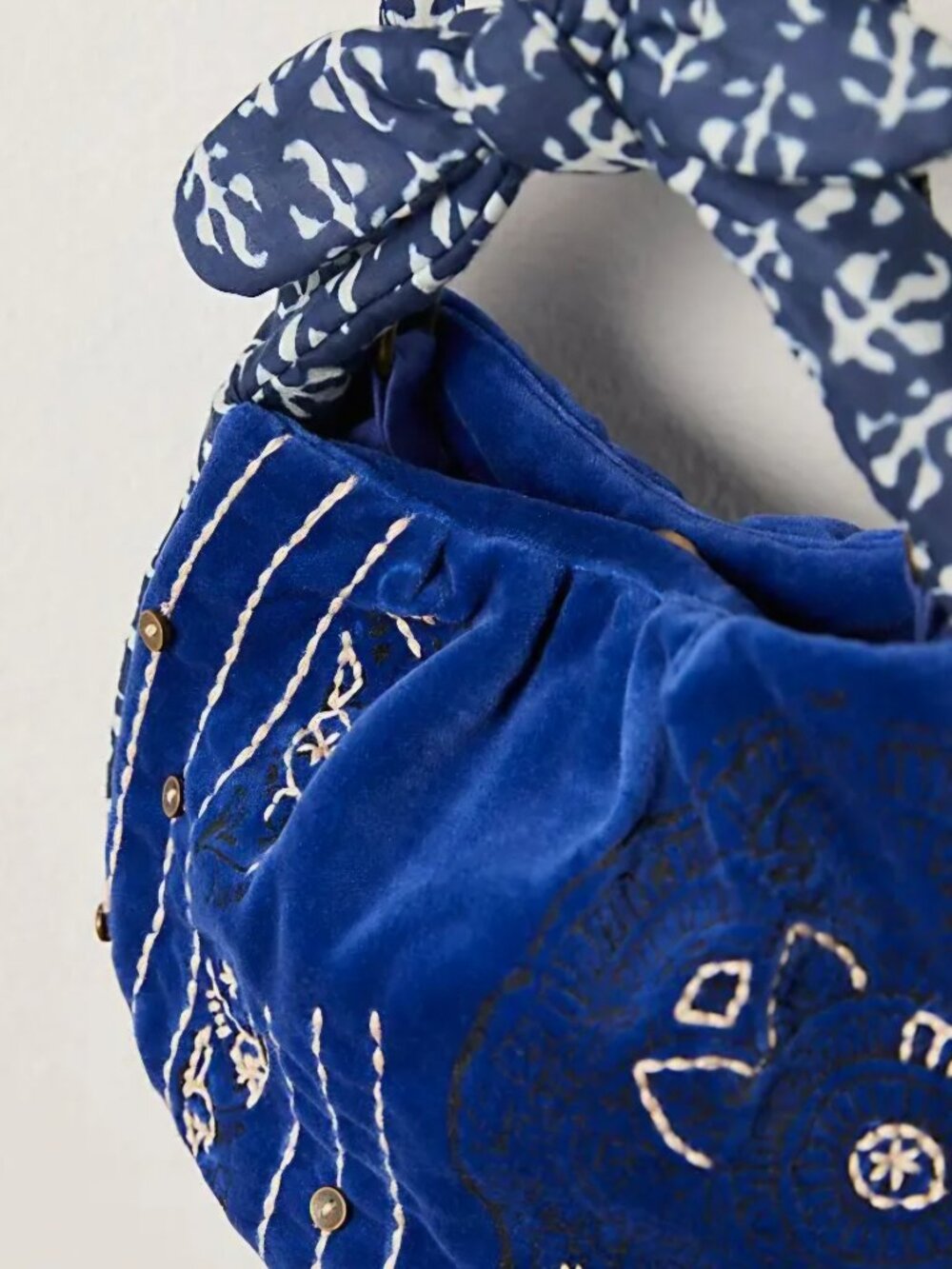 Free People Attia Velvet Bag Blue Embroidered Knot Handle NWT Boho Mini Hobo - Picture 7 of 15
